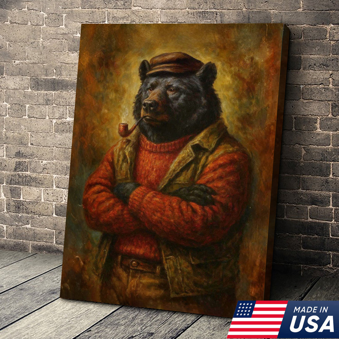 Vintage Black Bear Wall Art – Rustic Canvas Print of Bear in Red Sweater Smoking Pipe