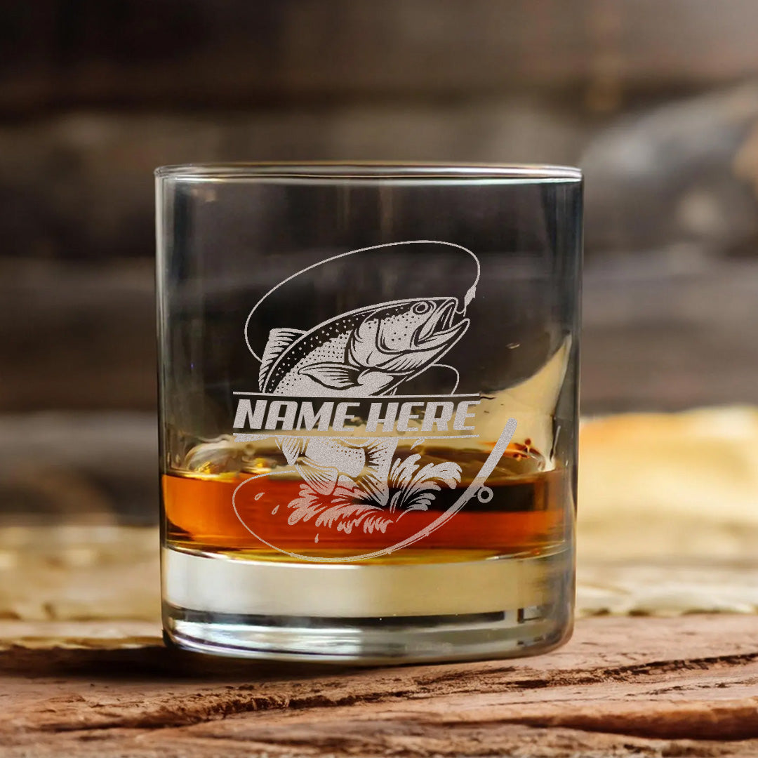 Custom Name Trout Fishing Whiskey Glass – Personalized Engraved Fly Fisherman Gift