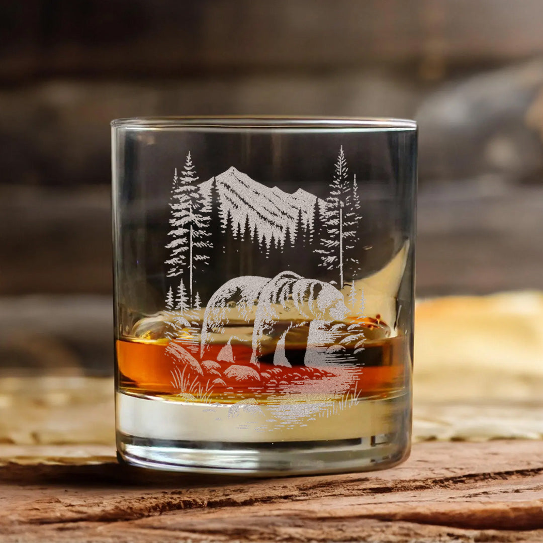 Bear Forest Engraved Whiskey Glass, Rustic Barware Gift for Hunters, Outdoorsmen & Drinking Lovers