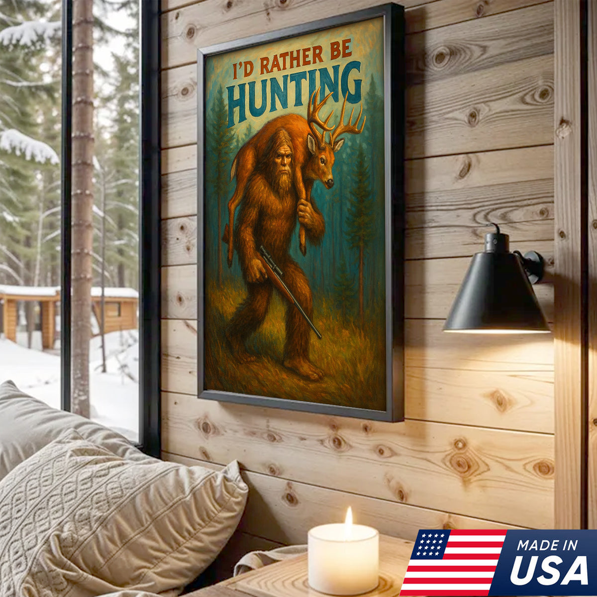 I’d Rather Be Hunting Canvas – Bigfoot Carrying Deer Buck Rustic Wall Art for Hunters