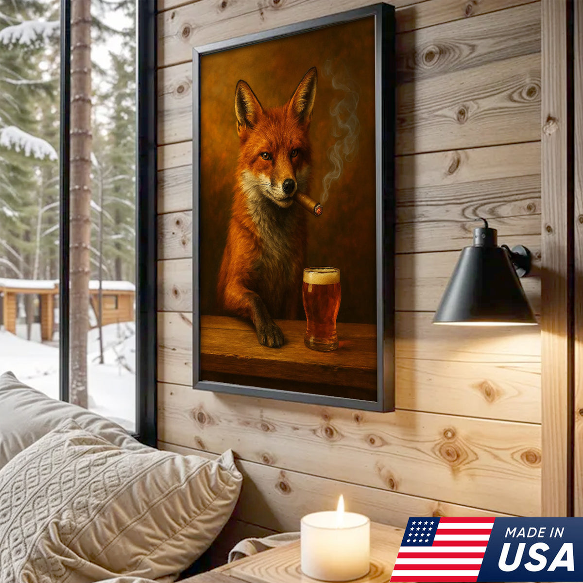 Funny Fox Smoking with Cocktail Glasses Canvas – Rustic Hunting Lodge Wall Art