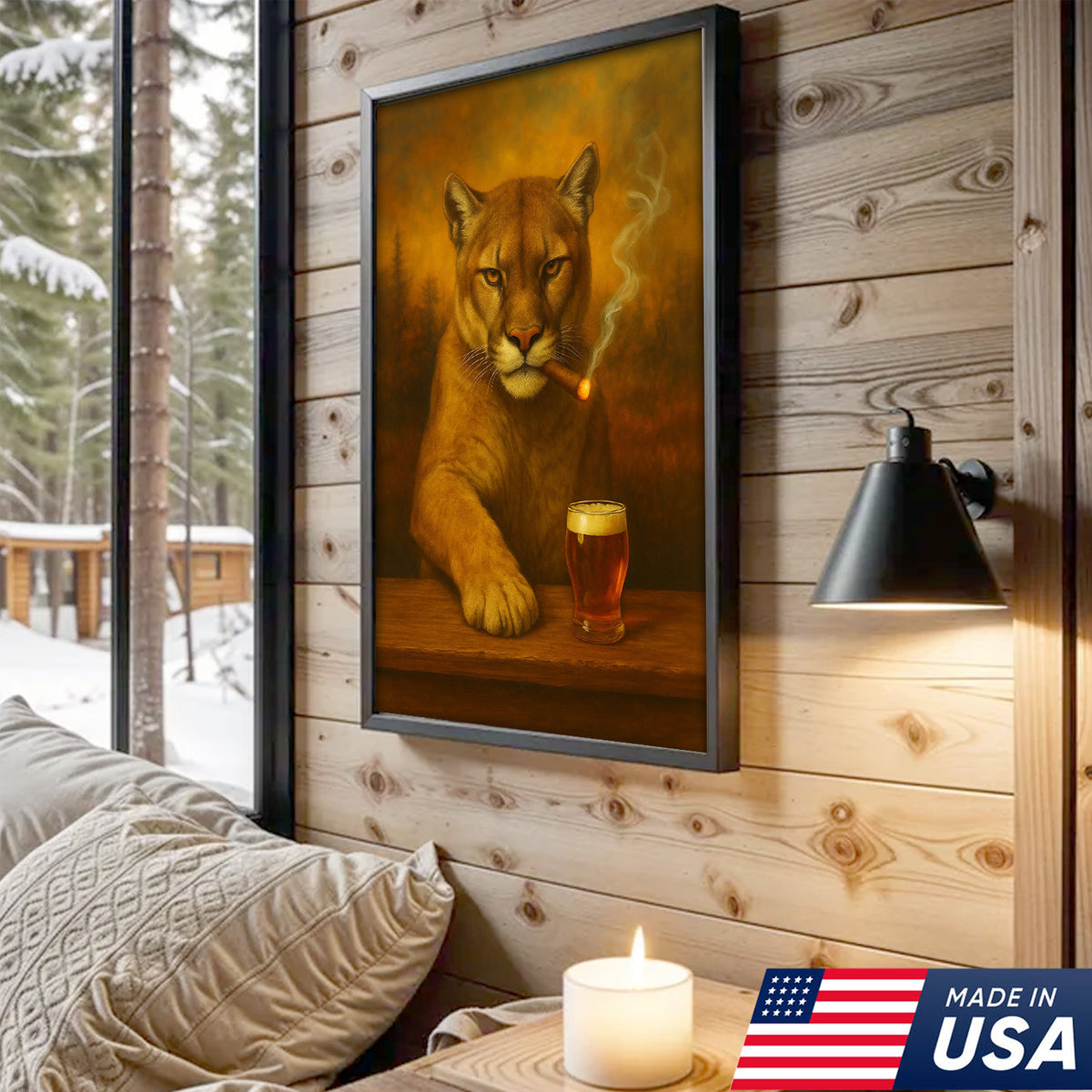Funny Mountain Lion Smoking With Cocktail Glasses Canvas Wall Art – Rustic Bar Decor Perfect Gift for Hunters