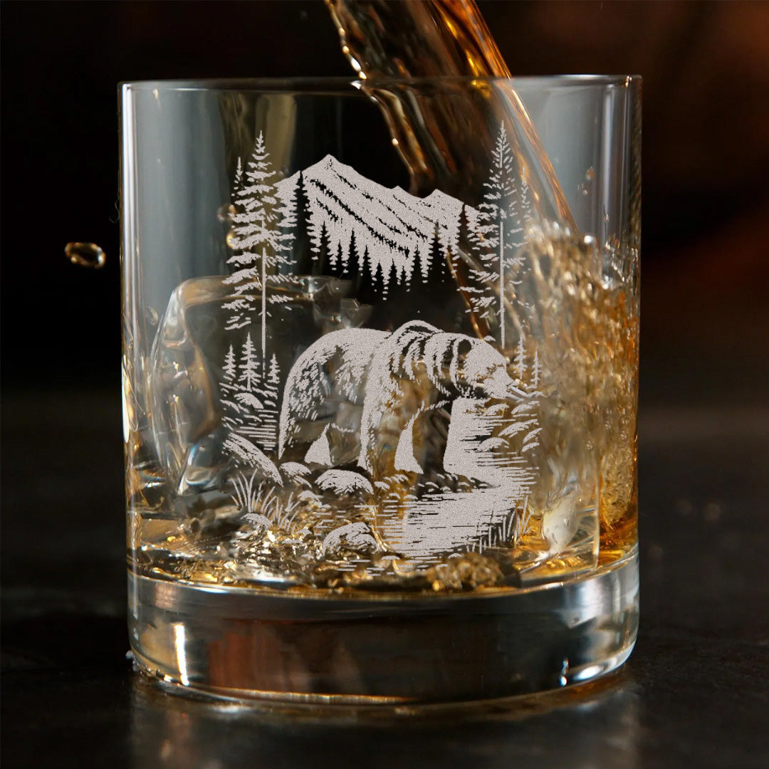 Bear Forest Engraved Whiskey Glass, Rustic Barware Gift for Hunters, Outdoorsmen & Drinking Lovers
