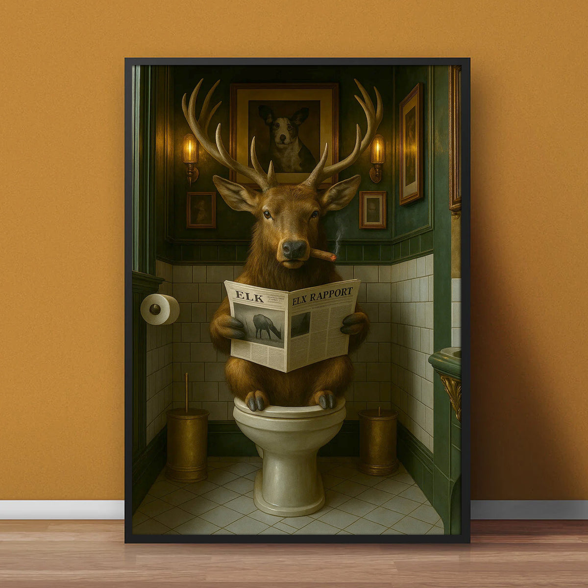 Funny Elk Bathroom Canvas – Smoking-Smoking Deer Reading Newspaper on Toilet