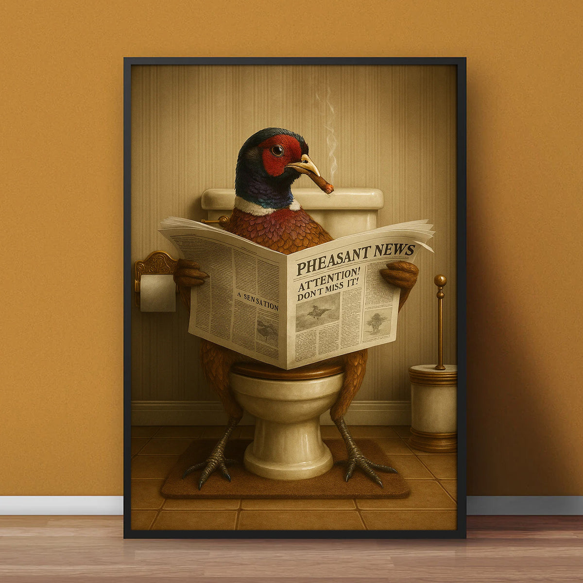 Pheasant Reading News Smoking Bathroom Wall Art – Rustic Decor for Men, Hilarious Gift for Hunter