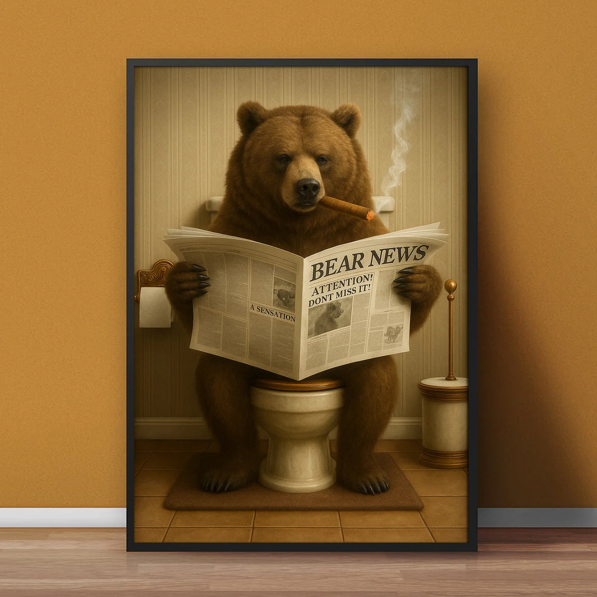Grizzly Bear Bathroom Canvas – Funny Cabin Decor with Bear Hunting on Toilet Reading Newspaper