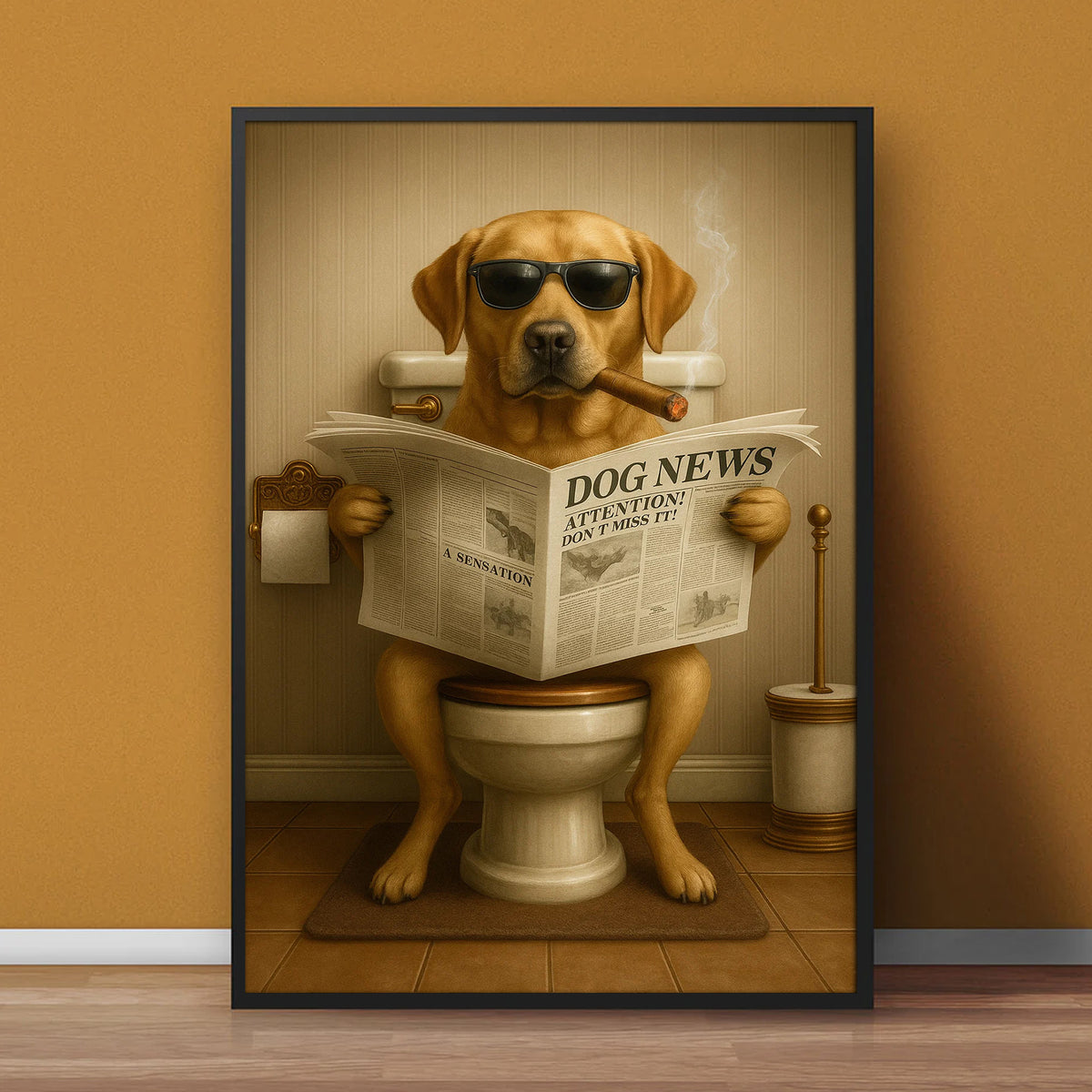 Funny Labrador Bathroom Poster Canvas – Dog on Toilet Reading Newspaper