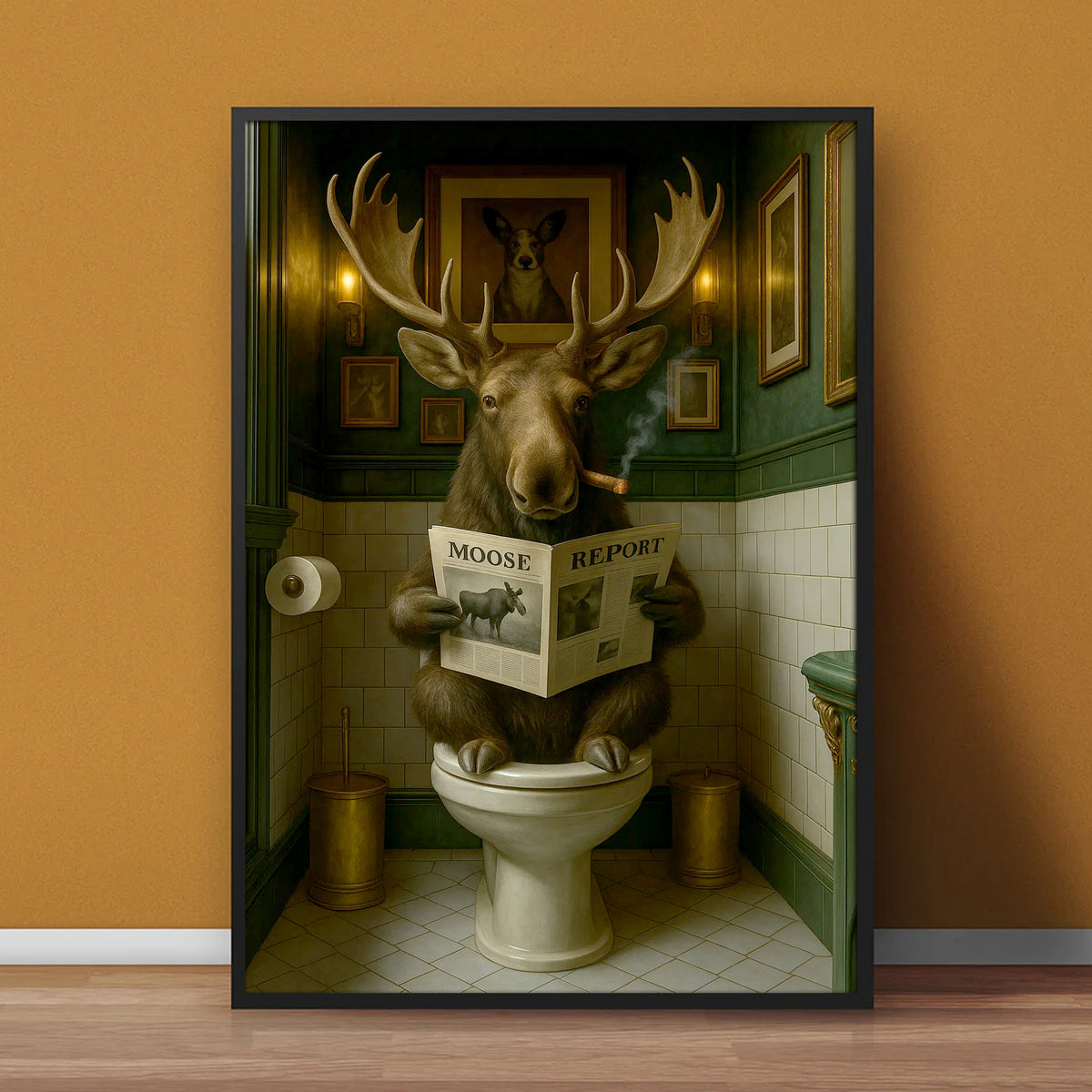 Funny Moose Bathroom Poster Canvas – Rustic Lodge Wall Art with Moose Reading ‘Moose Report’