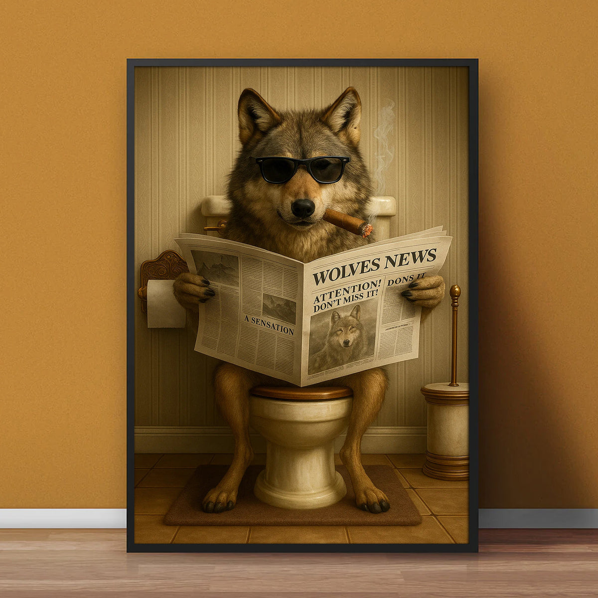 Funny Wolves News Poster Canvas – Hilarious Bathroom Scene with Cool Wolf on Toilet