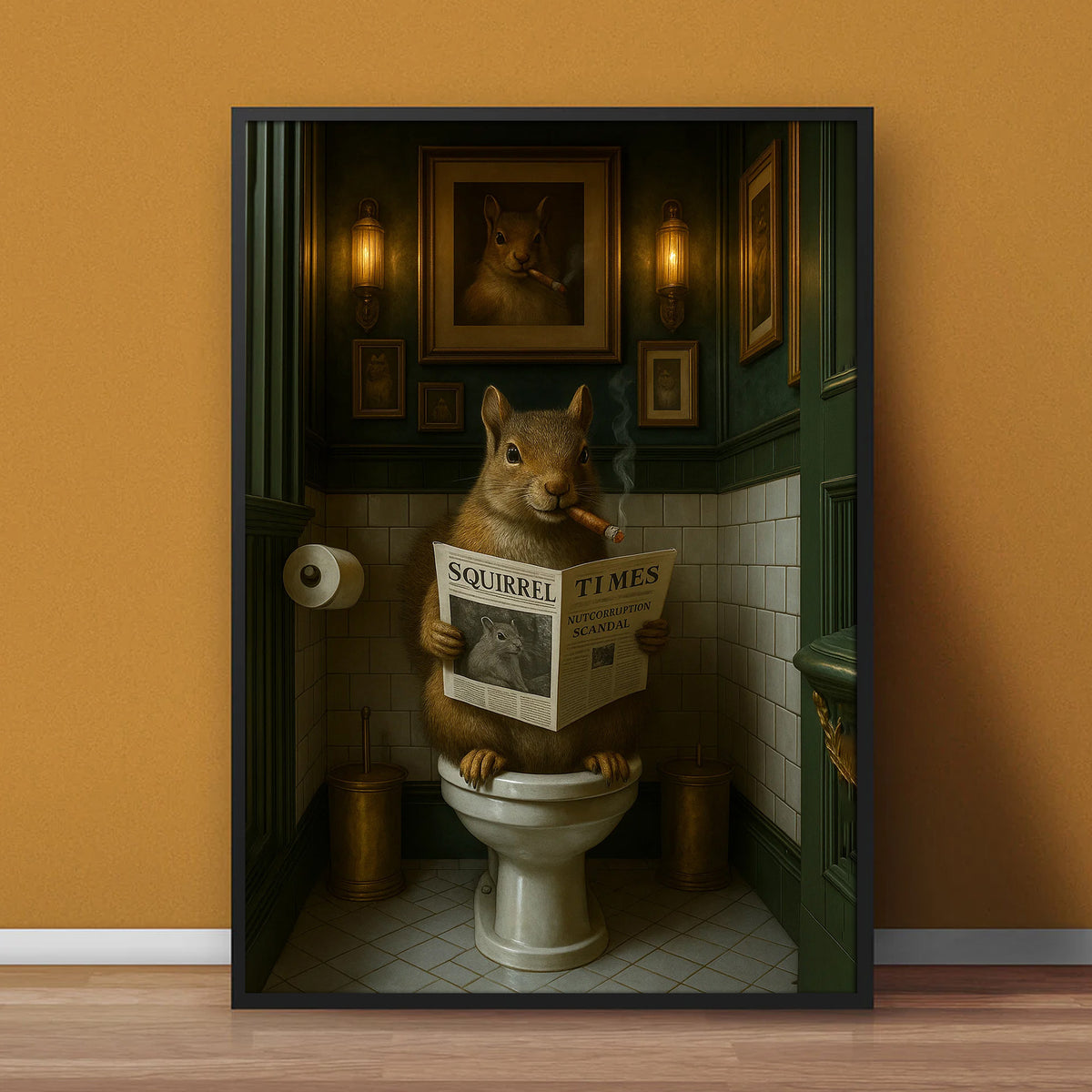 Funny Squirrel on Toilet Poster Canvas – Hilarious Wildlife Bathroom Scene - Lodge Humor Canvas