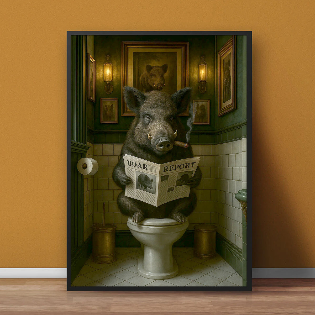 Funny Comical Wild Hog Poster – Smoking Boar on Toilet - Unique Rustic Gift for Hunters