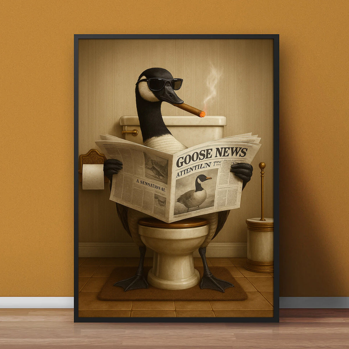 Funny Goose Read Newspaper Bathroom Canvas Wall Art – Hunting Wildlife Animal Canvas