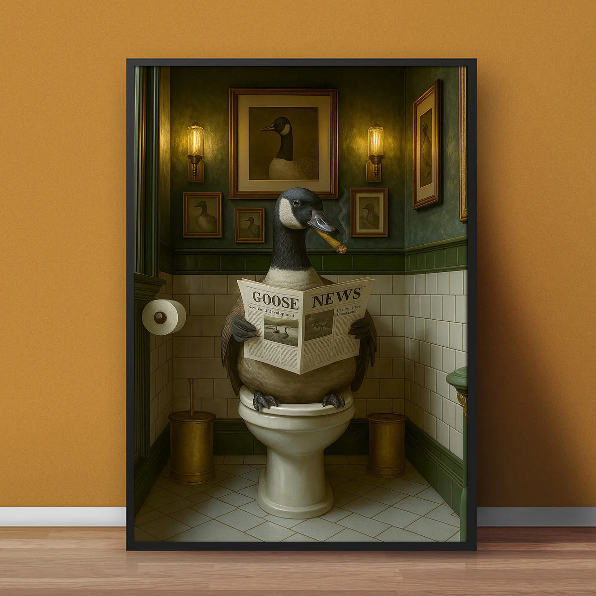 Funny Canada Goose Bathroom Poster – Rustic Cabin Wall Art, Goose Reading Newspaper on Toilet