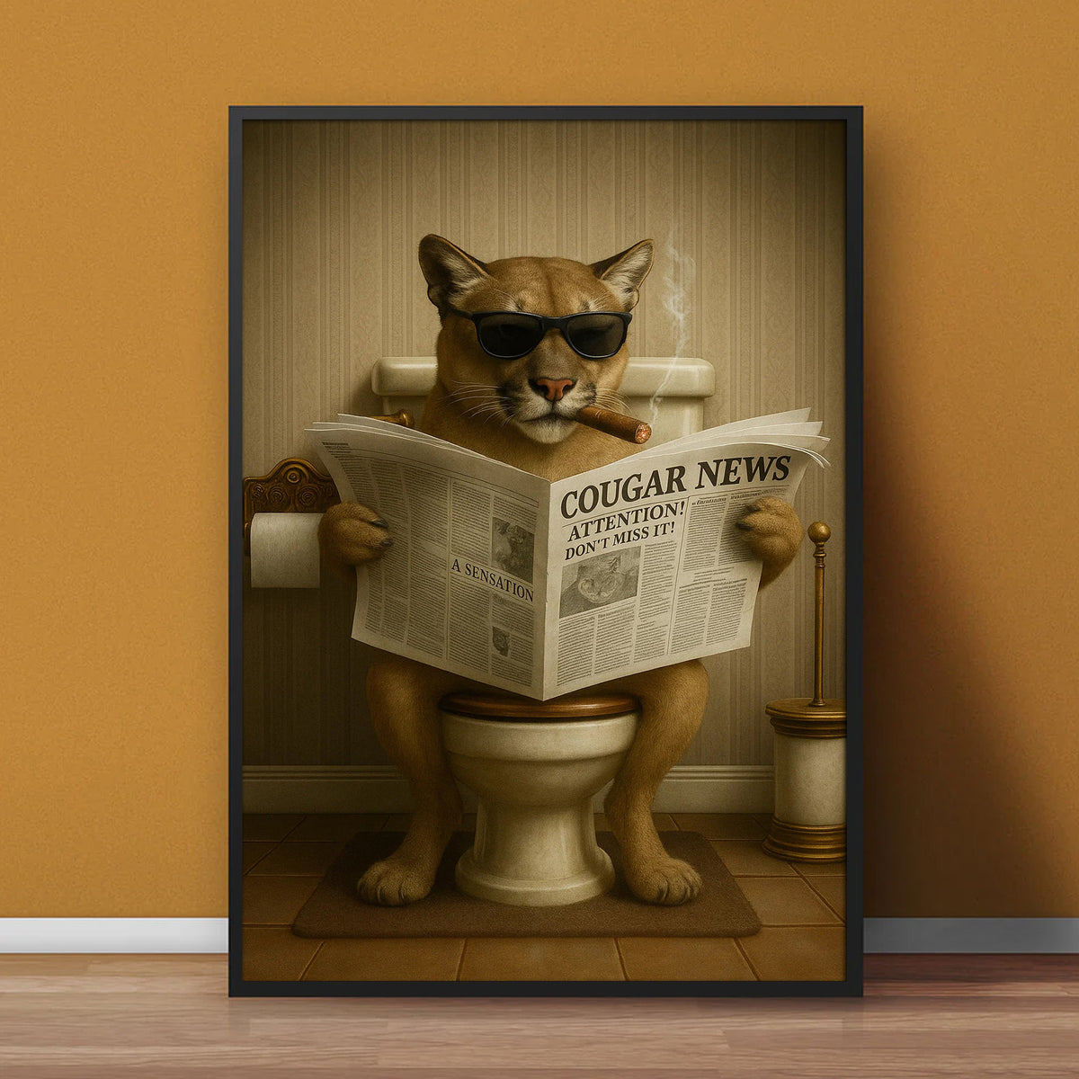 Funny Cougar Bathroom Canvas – Mountain Lion on Toilet Reading Newspaper - Rustic Cabin Decor