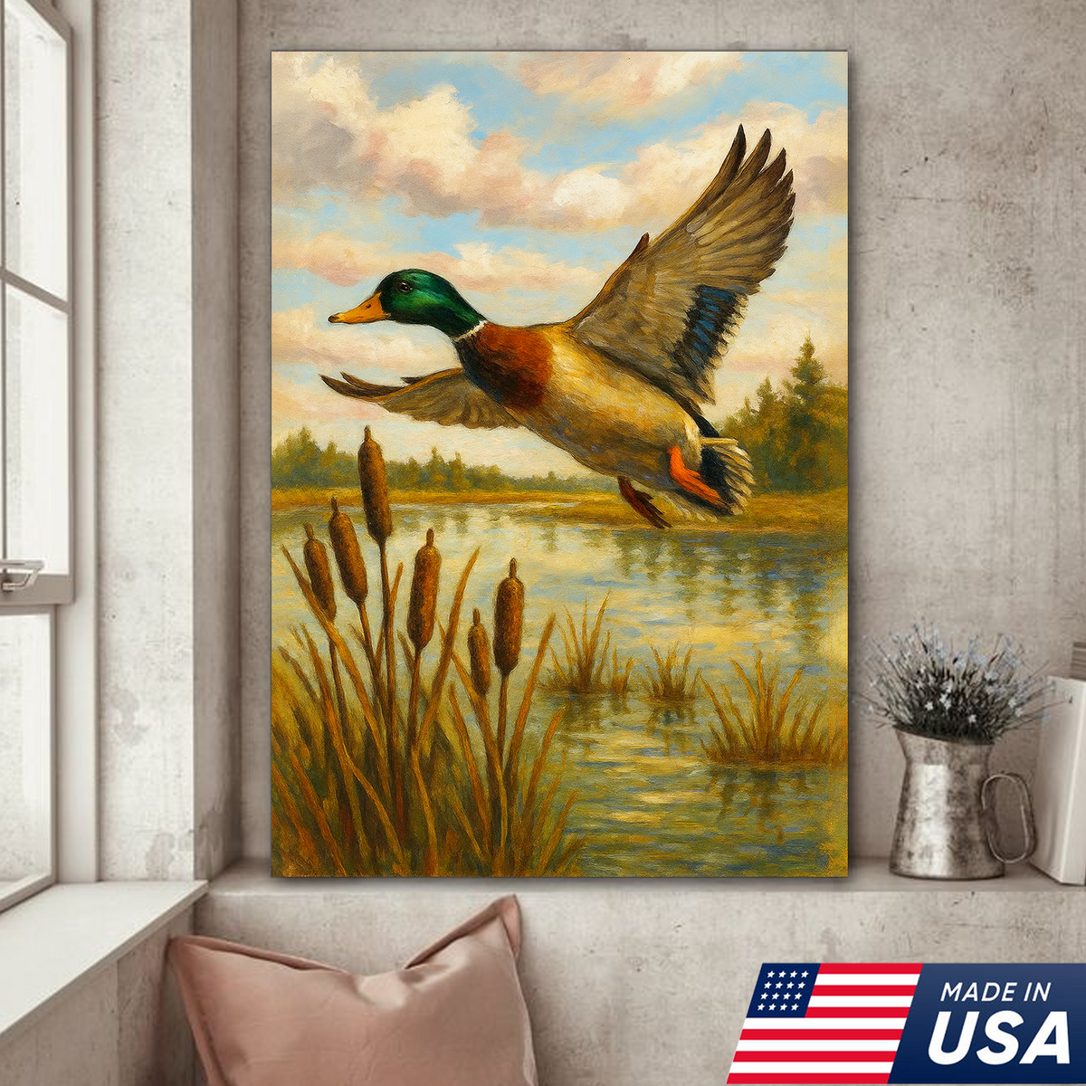 Flying Mallard Duck Canvas Wall Art, Rustic Hunting Cabin Decor, Perfect Gift for Hunters