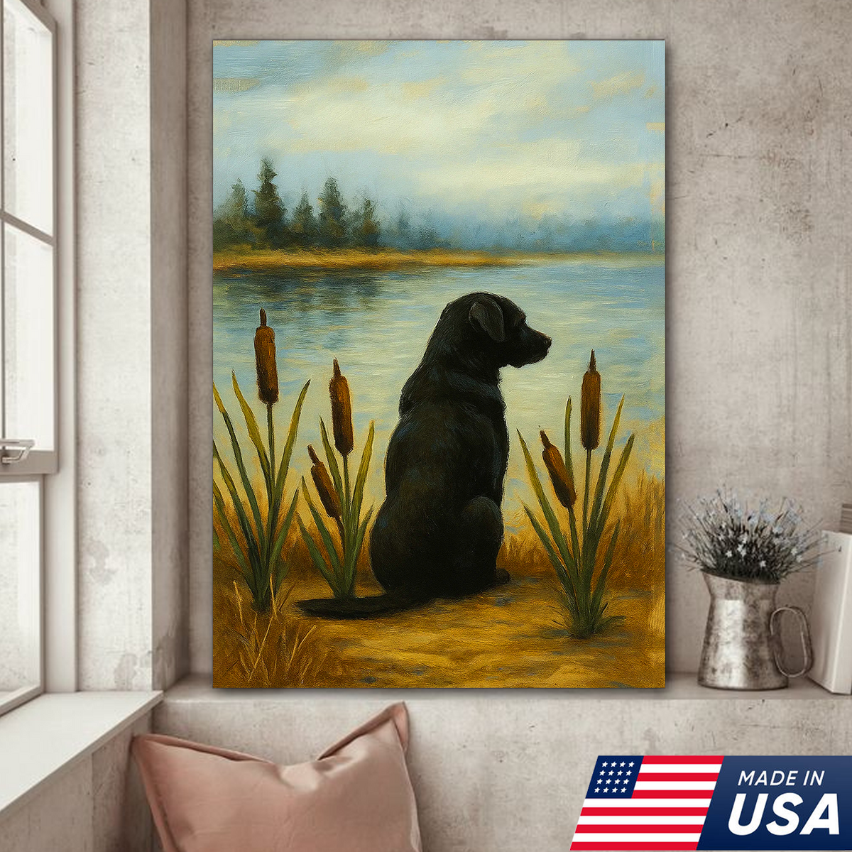 Black Labrador Hunting Dog Canvas Wall Art – Rustic Cabin Lodge Lake Decor, Gift For Hunters