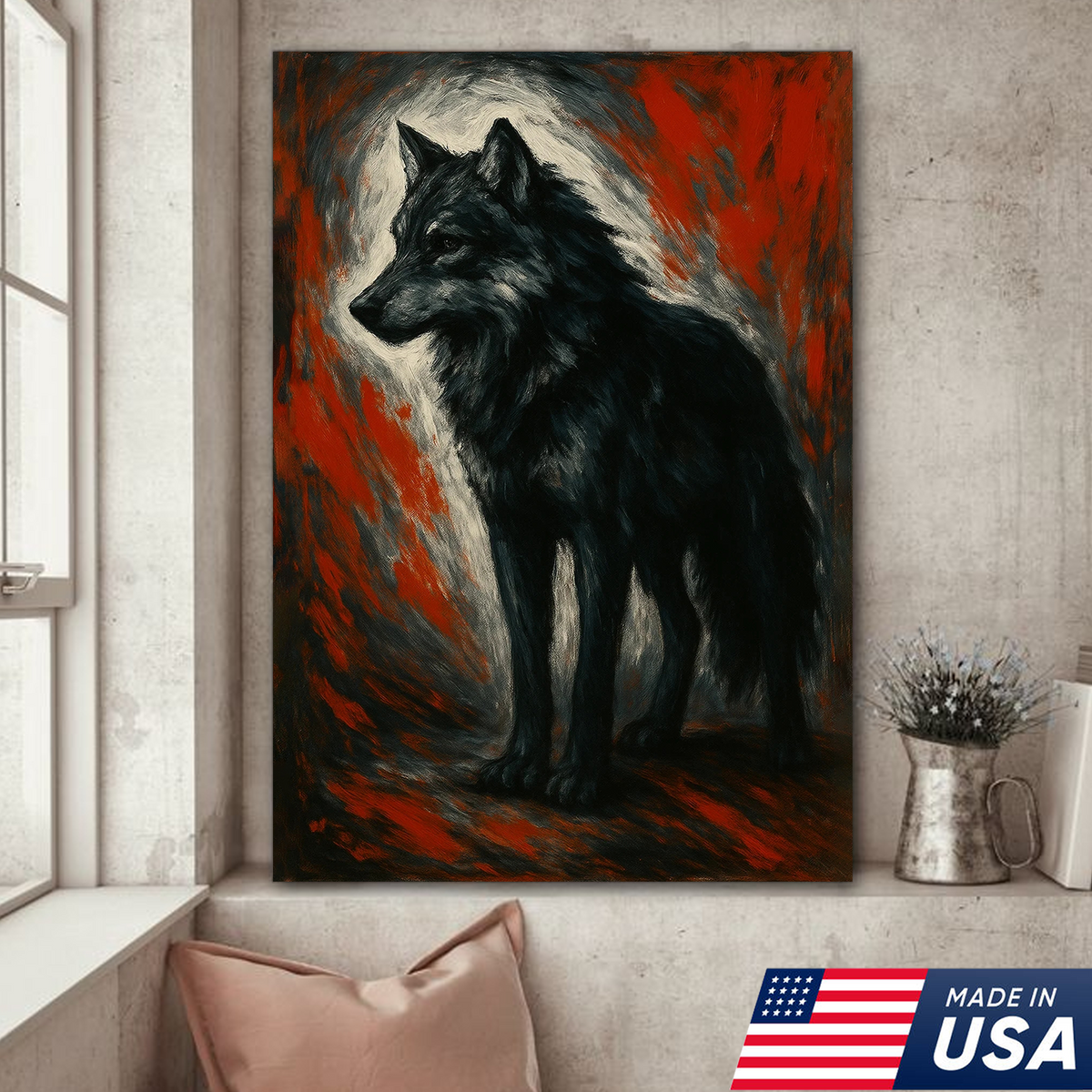 Black Wolf Canvas Wall Art – Rustic Wildlife Decor for Cabin, Lodge & Man Cave