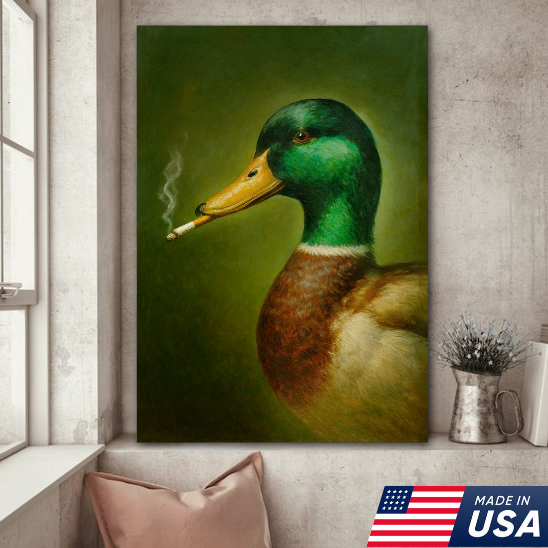 Funny Duck Smoking Canvas Wall Art, Rustic Hunting Lodge Decor, Gift for Hunters