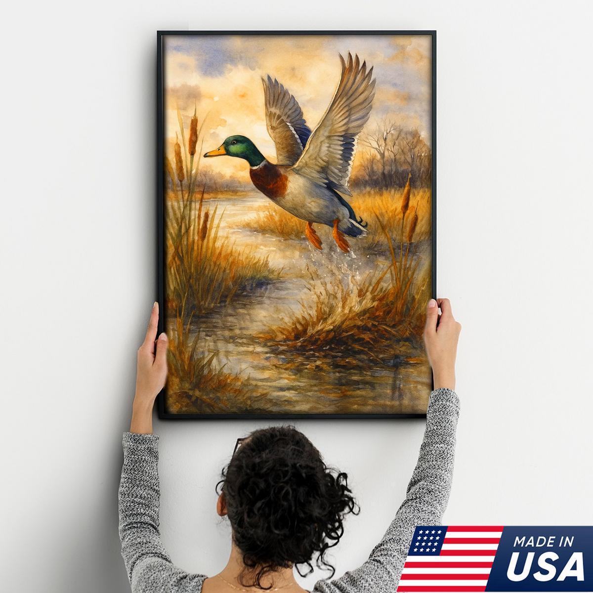 Flying Mallard Duck Canvas Wall Art, Rustic Hunting Wildlife Decor, Perfect Gift for Hunters