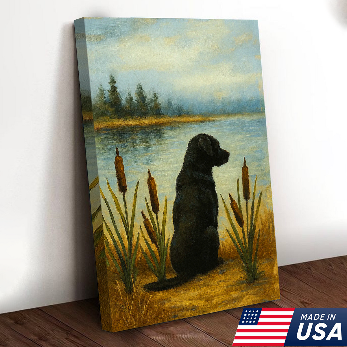 Black Labrador Hunting Dog Canvas Wall Art – Rustic Cabin Lodge Lake Decor, Gift For Hunters