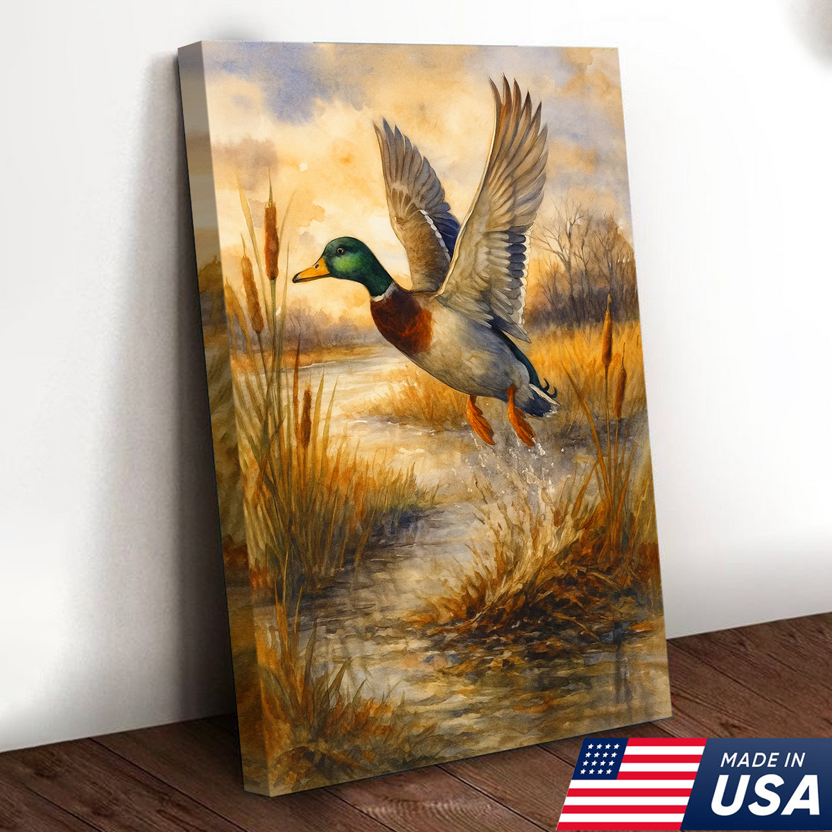 Flying Mallard Duck Canvas Wall Art, Rustic Hunting Wildlife Decor, Perfect Gift for Hunters