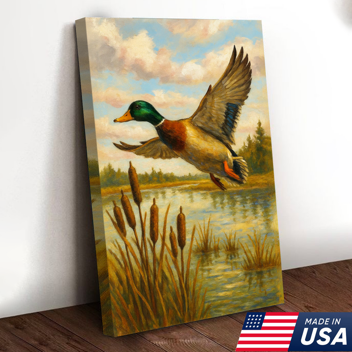 Flying Mallard Duck Canvas Wall Art, Rustic Hunting Cabin Decor, Perfect Gift for Hunters