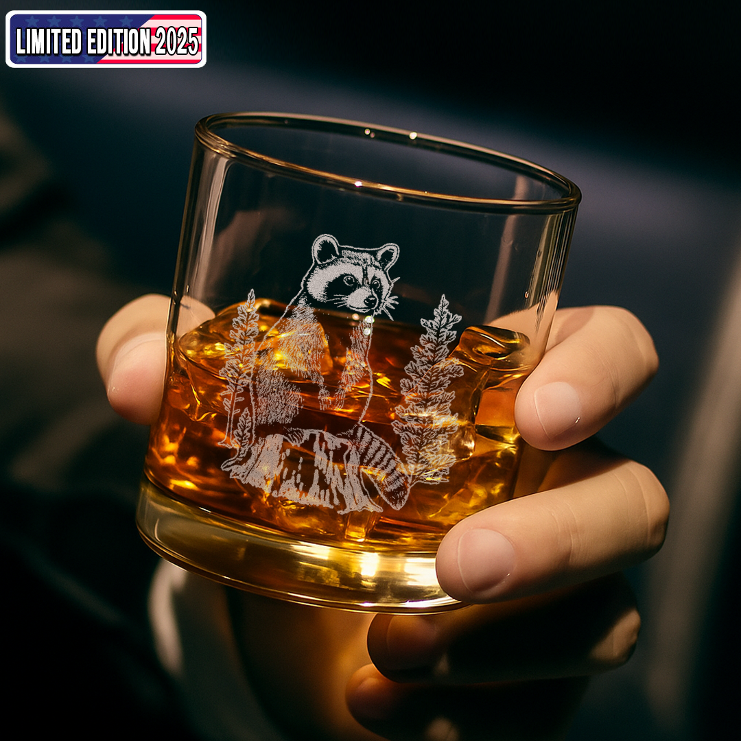Raccoon In Forest Engraved Whiskey Glass, Wildlife Raccoon Rocks Glass Gift for Drinking Lovers & Hunters