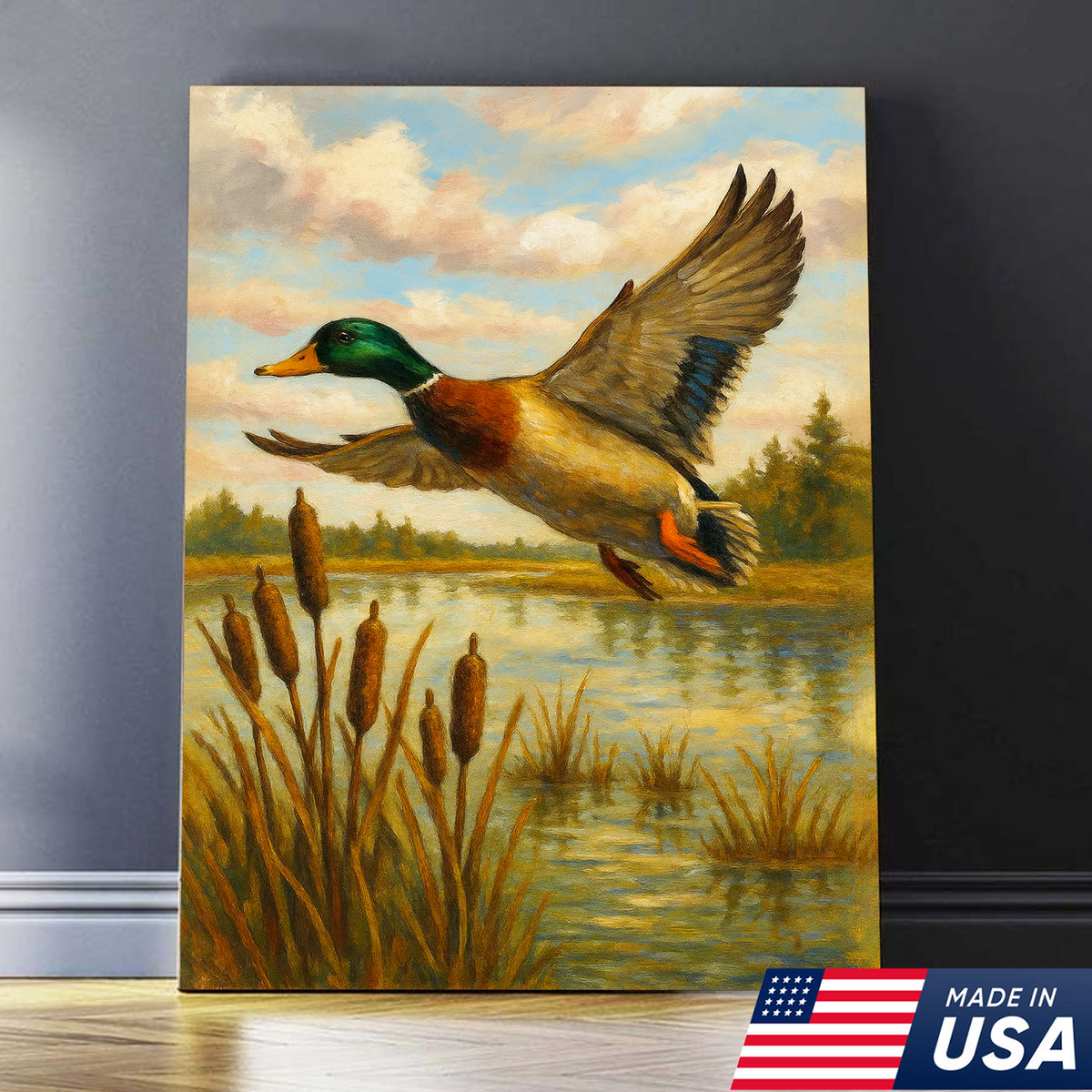 Flying Mallard Duck Canvas Wall Art, Rustic Hunting Cabin Decor, Perfect Gift for Hunters