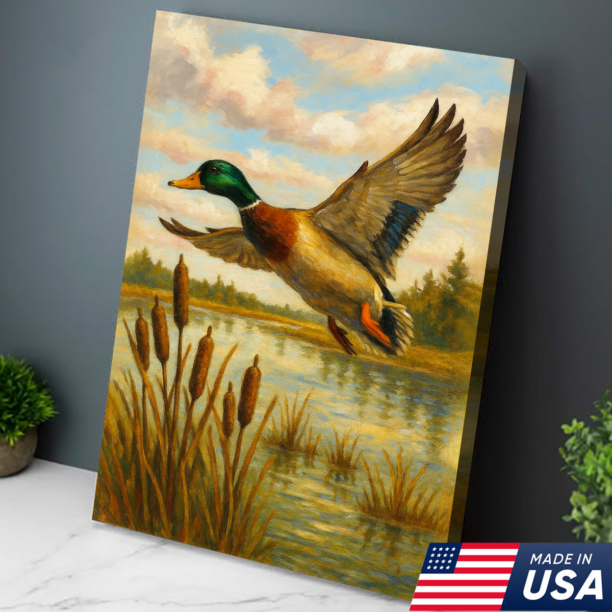 Flying Mallard Duck Canvas Wall Art, Rustic Hunting Cabin Decor, Perfect Gift for Hunters