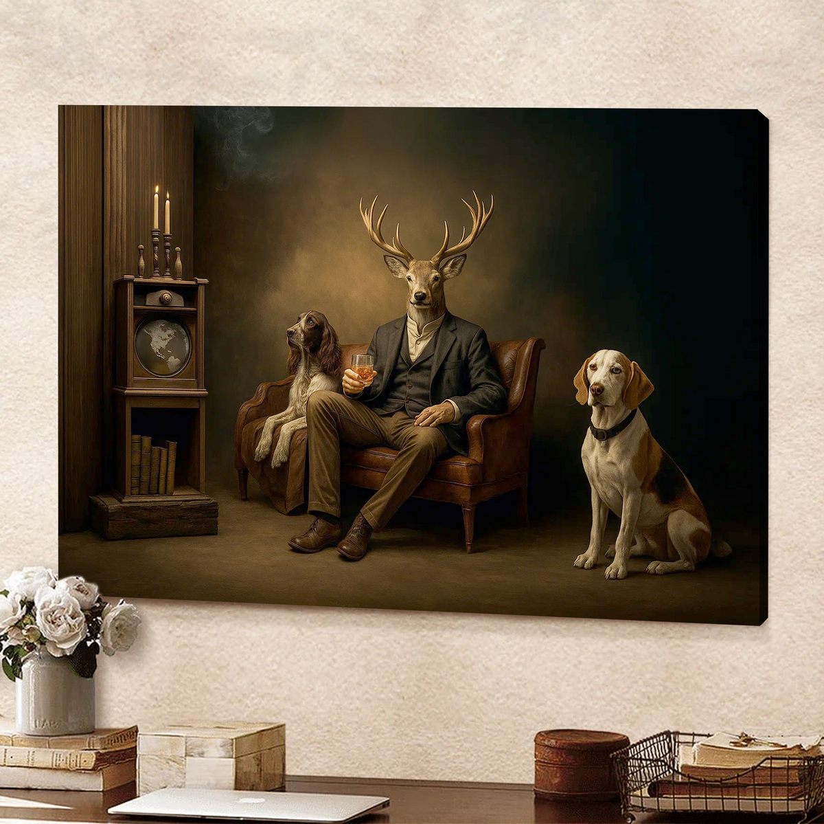 Gentleman Deer Canvas Wall Art – Rustic Whiskey & Hunting Lodge Decor, Man Cave Dog Lover Gift