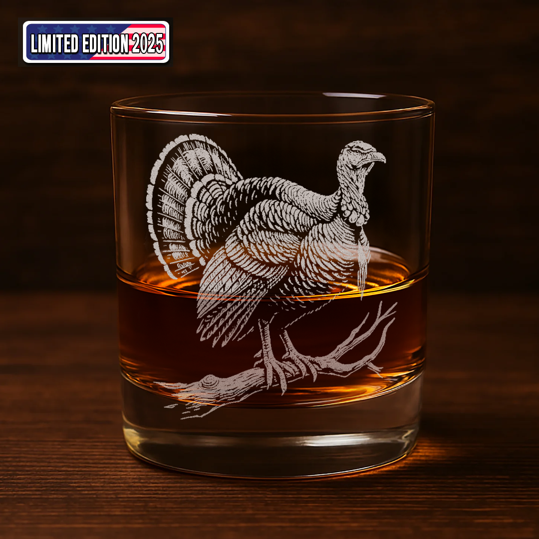 Turkey Whiskey Glass, Custom Engraved Rocks Glass, Rustic Hunting Gift for Outdoorsmen & Drinking Lovers
