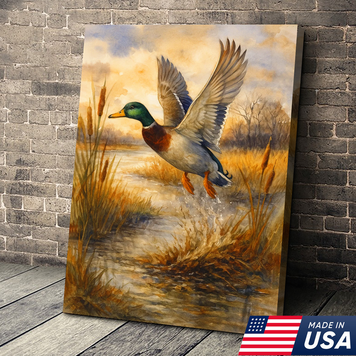Flying Mallard Duck Canvas Wall Art, Rustic Hunting Wildlife Decor, Perfect Gift for Hunters