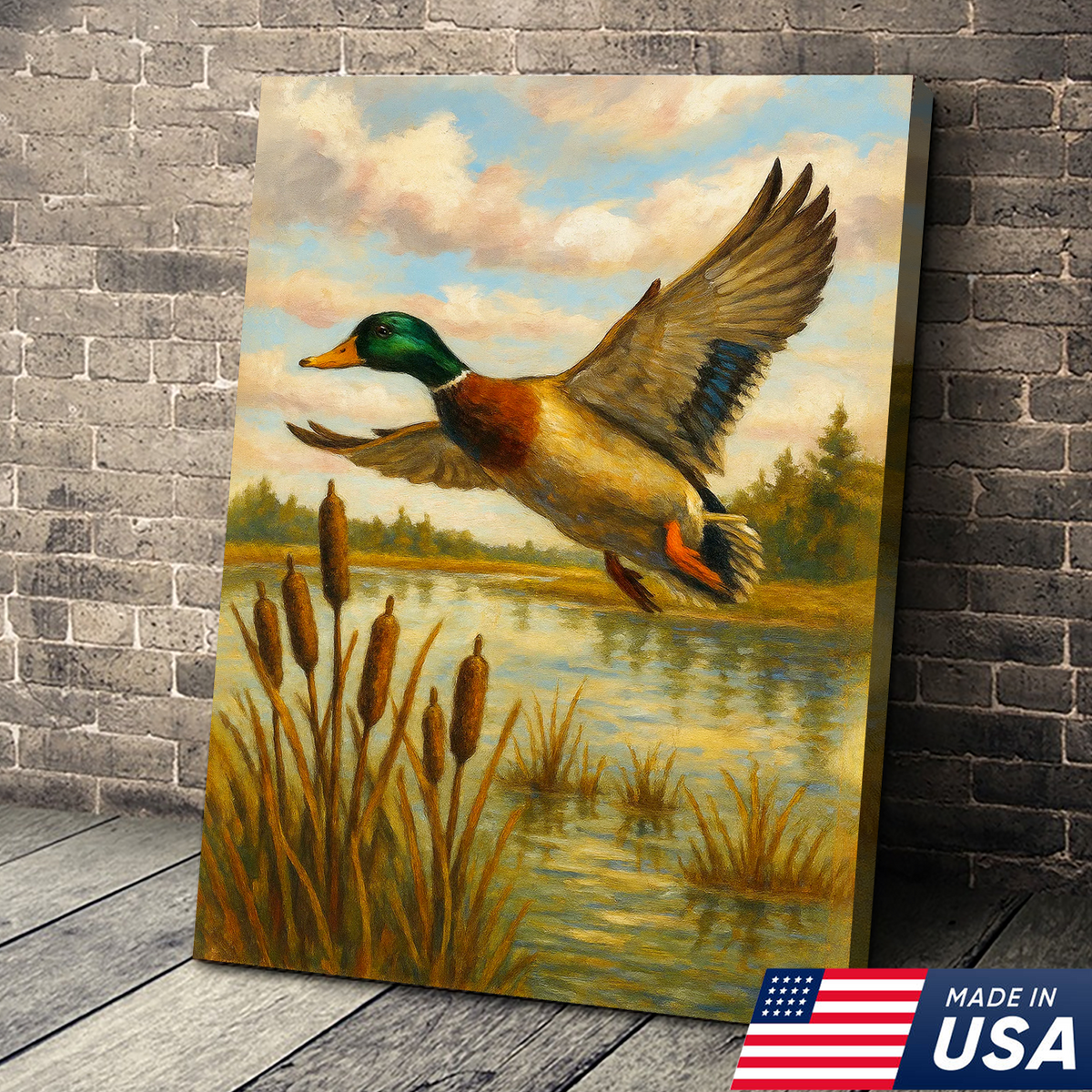 Flying Mallard Duck Canvas Wall Art, Rustic Hunting Cabin Decor, Perfect Gift for Hunters