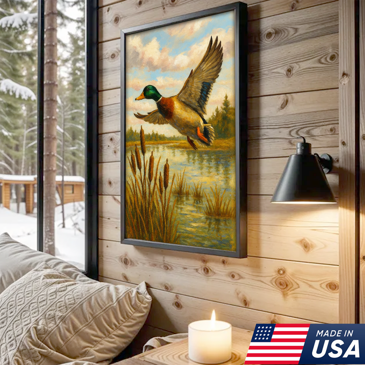 Flying Mallard Duck Canvas Wall Art, Rustic Hunting Cabin Decor, Perfect Gift for Hunters