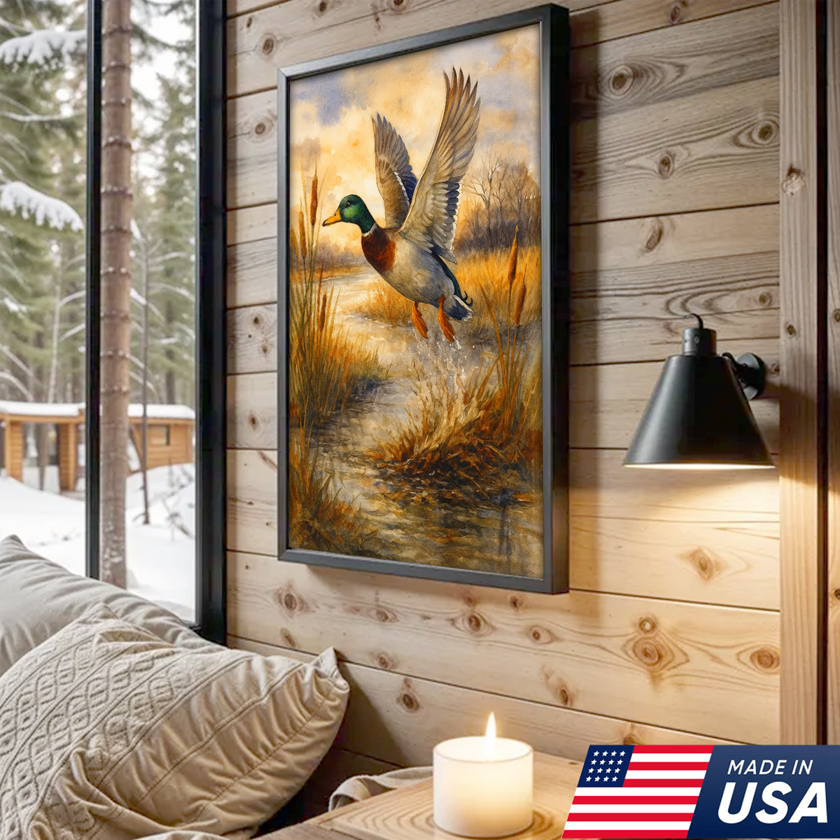 Flying Mallard Duck Canvas Wall Art, Rustic Hunting Wildlife Decor, Perfect Gift for Hunters