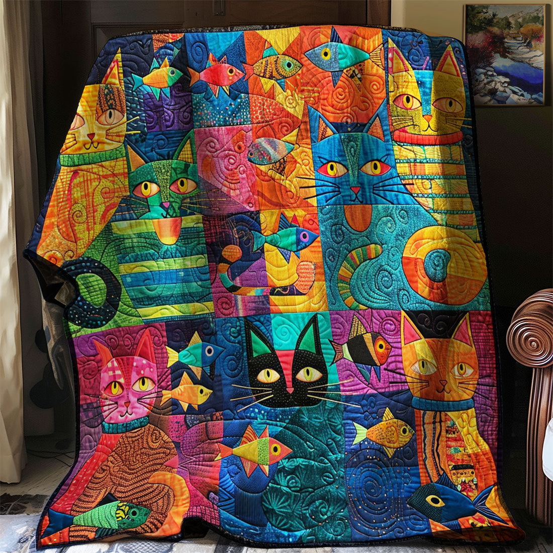 Asian Cats And Fish Quilt Blanket