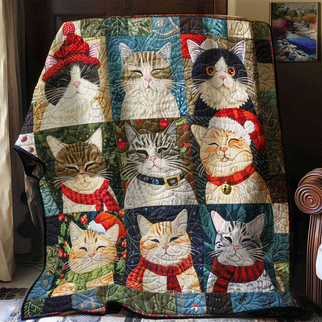 Christmas Cartoon Cat Quilt Blanket