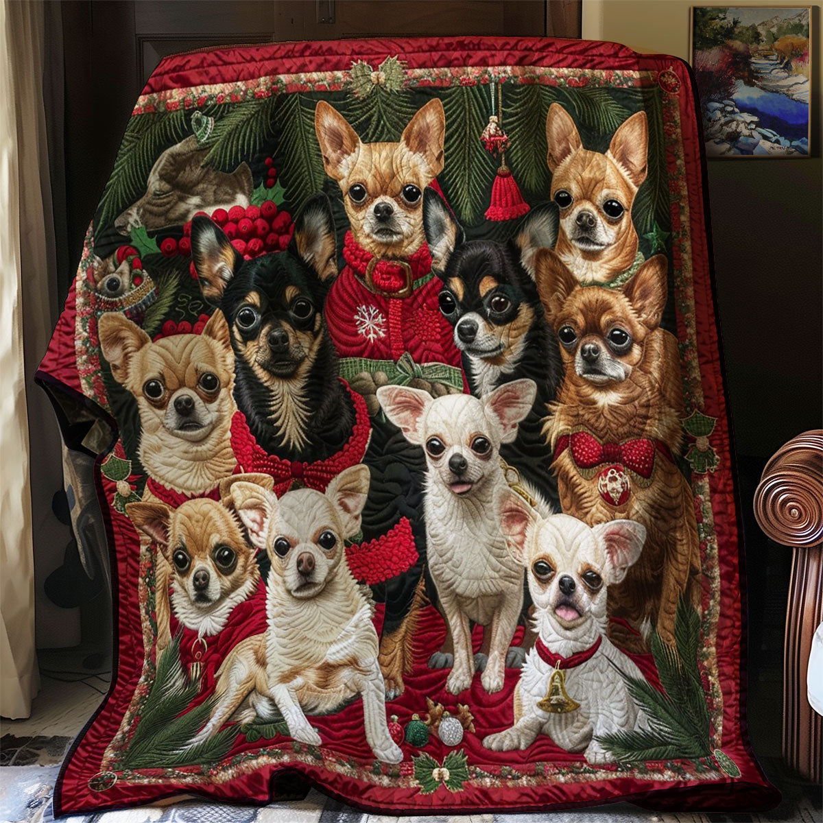 Christmas Corgi Snowy Evening Quilt Blanket