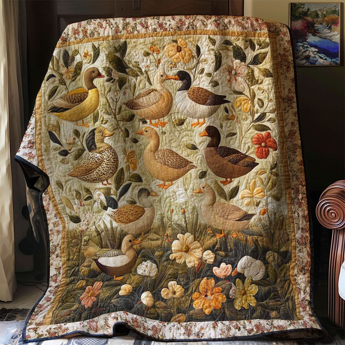 Duckling and Flowers Quilt Blanket