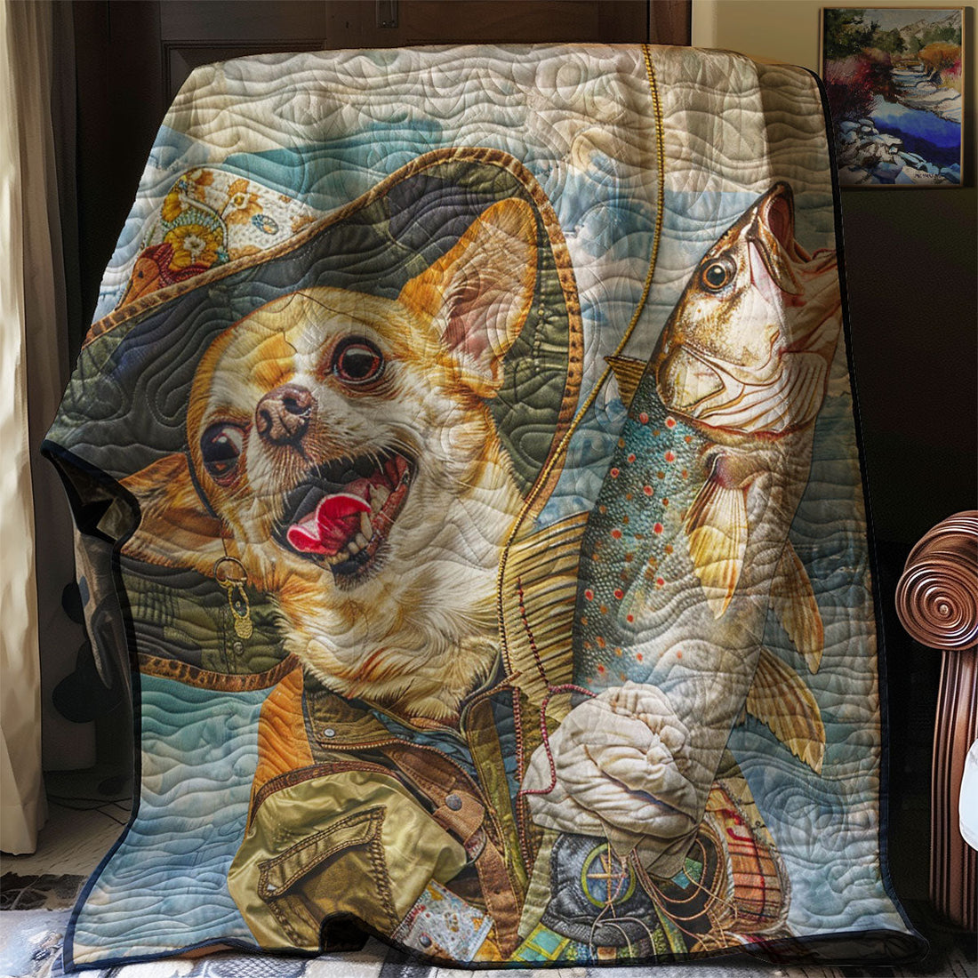 Go Fishing With Chihuahua Quilt Blanket