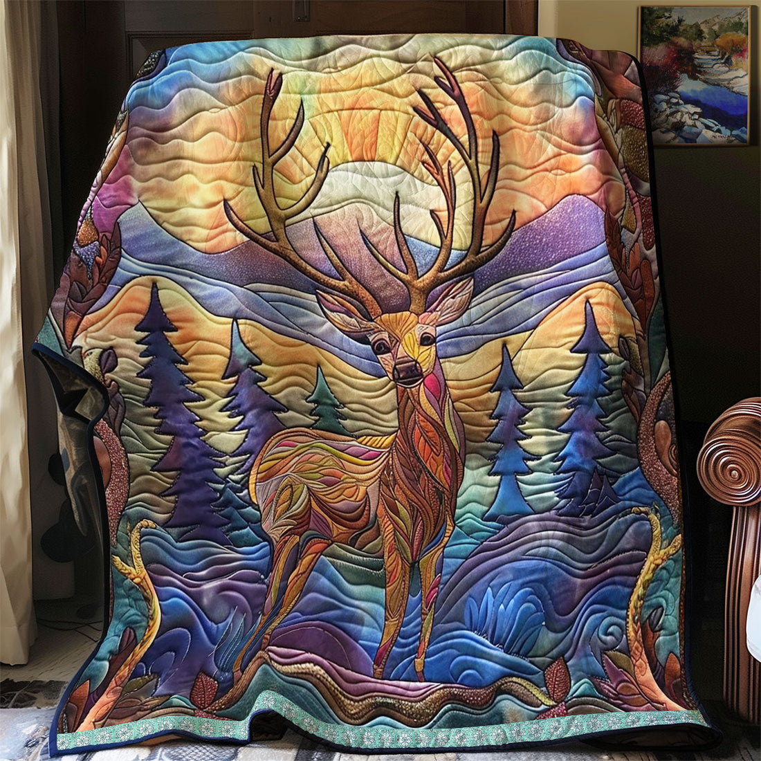 Radiant Evening Deer Quilt Blanket