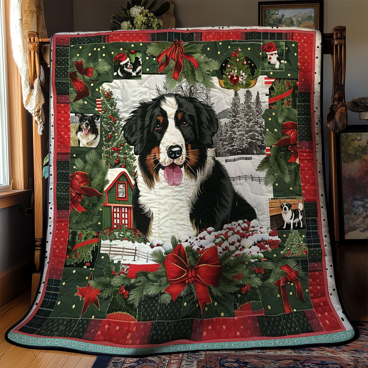 Bernese Mountain Christmas Tree Farm Quilt Blanket
