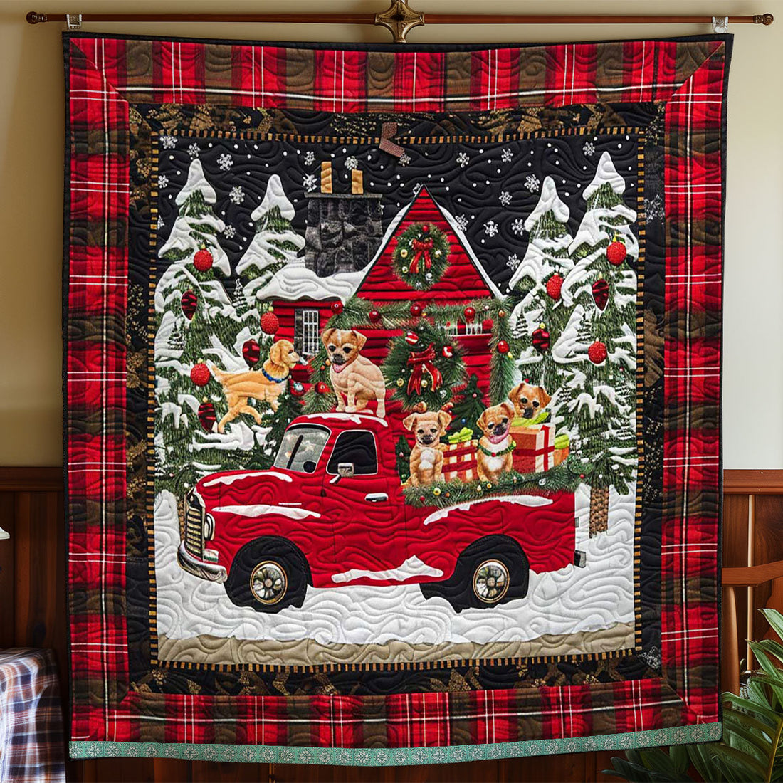 Chihuahua Xmas On Red Truck Quilt Blanket