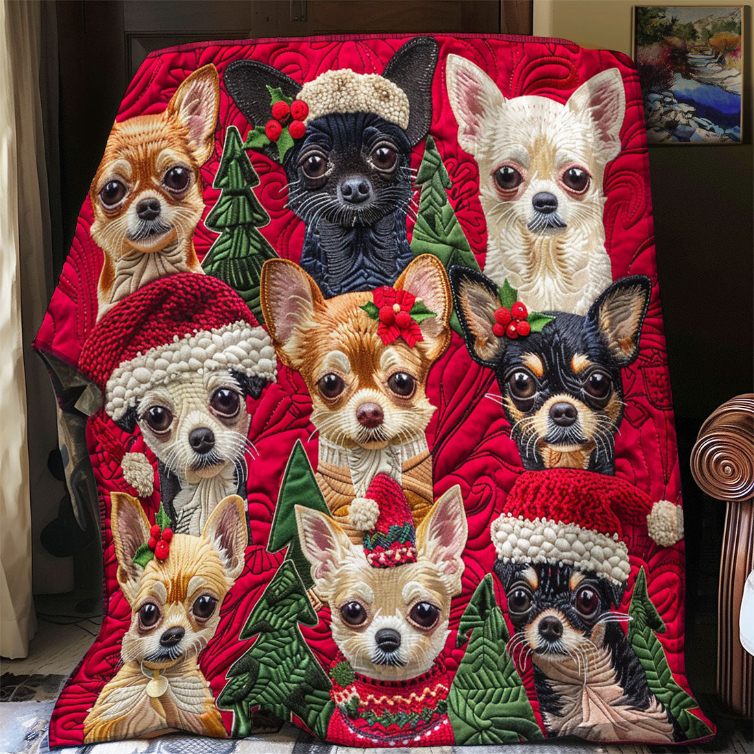Cheerful Chihuahua Christmas Quilt Blanket