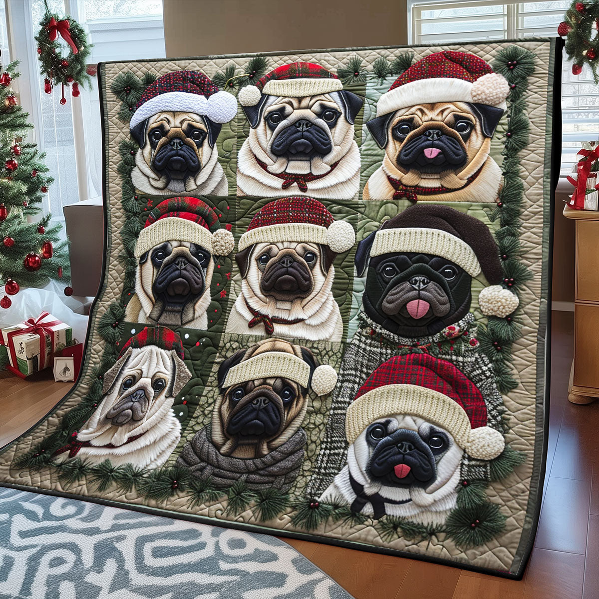 Christmas Canine Pugs Quilt Blanket