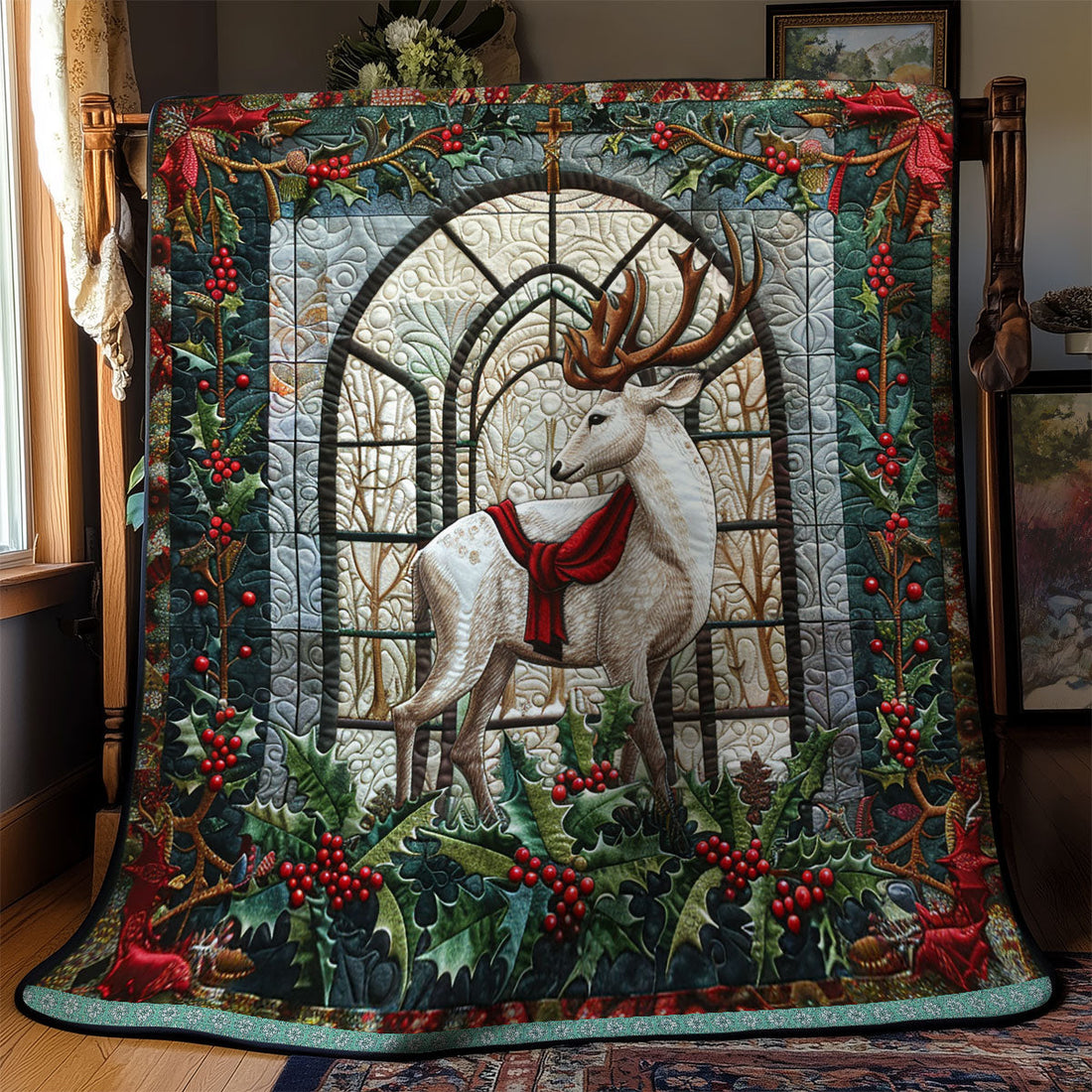 Deer In Winter's Embrace Quilt Blanket