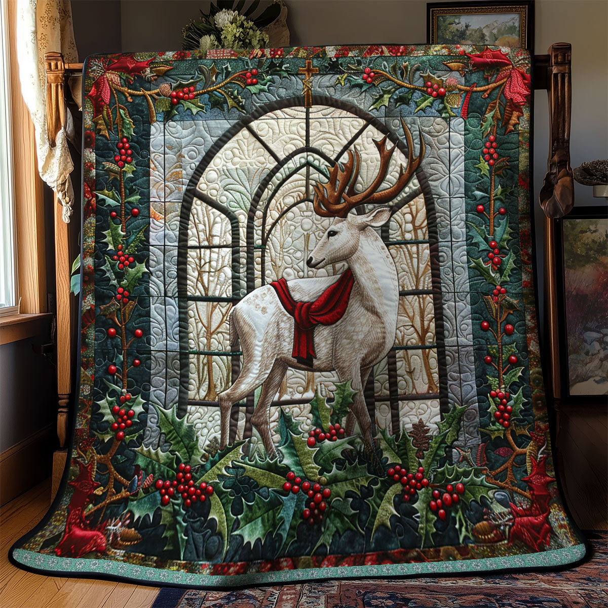 Deer In Winter's Embrace Quilt Blanket