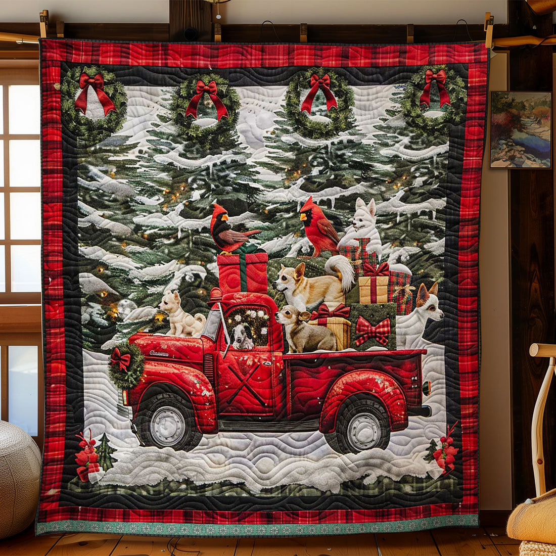 Chihuahua Christmas Ride Quilt Blanket