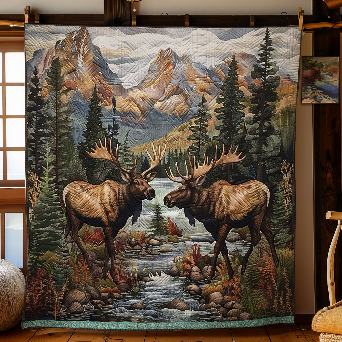 Moose In The Quiet Forest Quilt Blanket