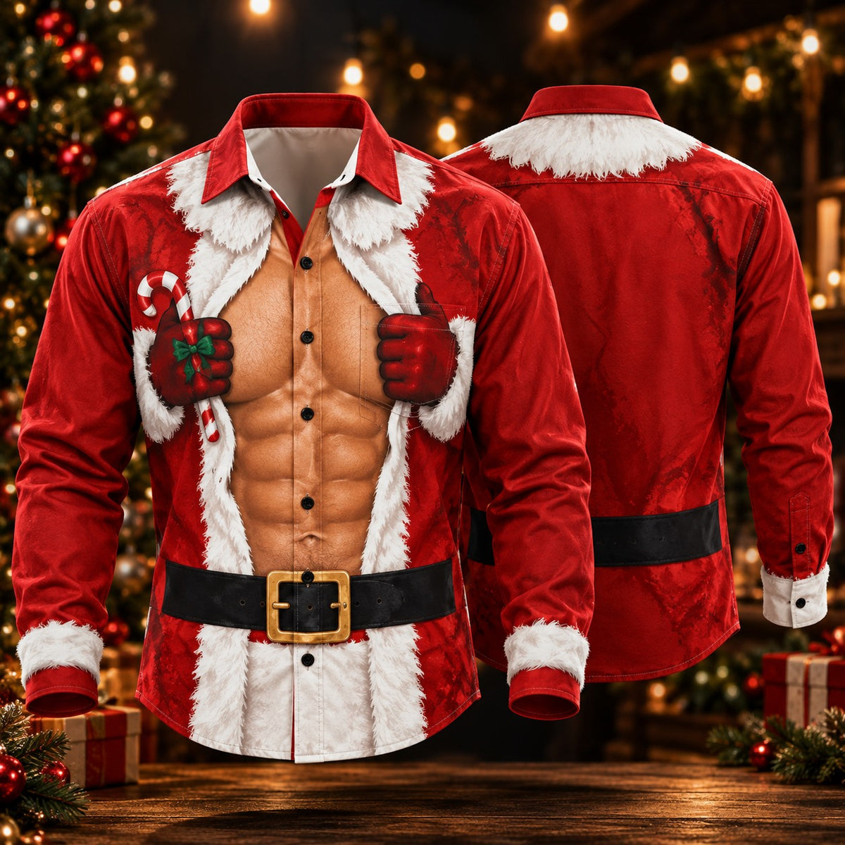 Ripped Santa Six Pack Abs Red Suit Belt Funny Christmas Button Up - Long Sleeve Shirt with Pocket